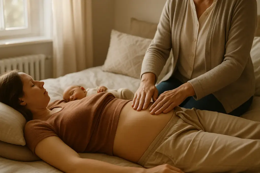 Hebamme tastet Bauch der Schwangeren